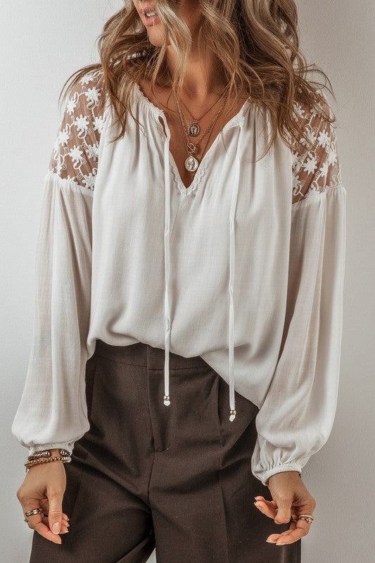 Floral Lace Patchwork Lantern Sleeve V Neck Blouse