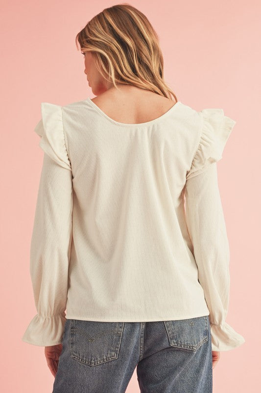 Corduroy Round Neck Ruffled Flounce Sleeve Blouse