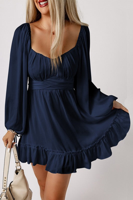 Women Ruffled High Waist Square Neck Mini Dress