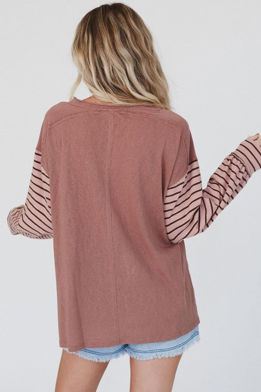 Green Colorblock Striped Bishop Sleeve Top