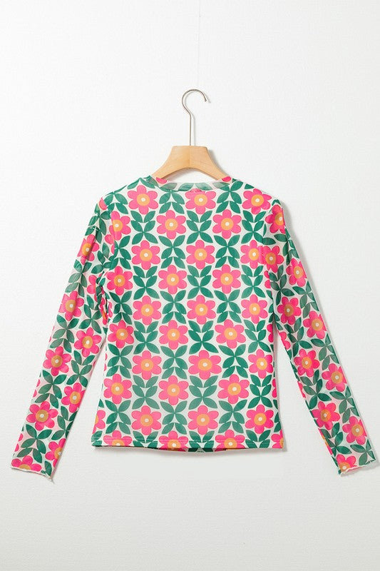 Women Retro Floral Print Stretchy Long Sleeve Top