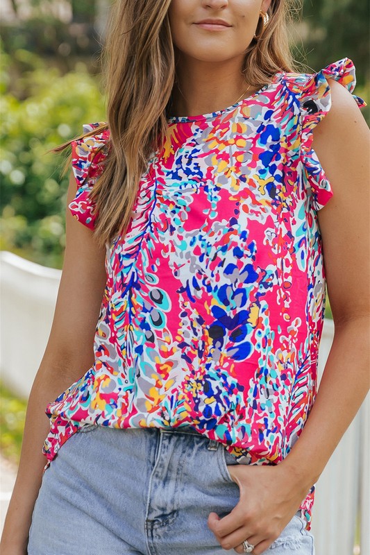 Women Rose Floral Print Tank Top with Ruffles