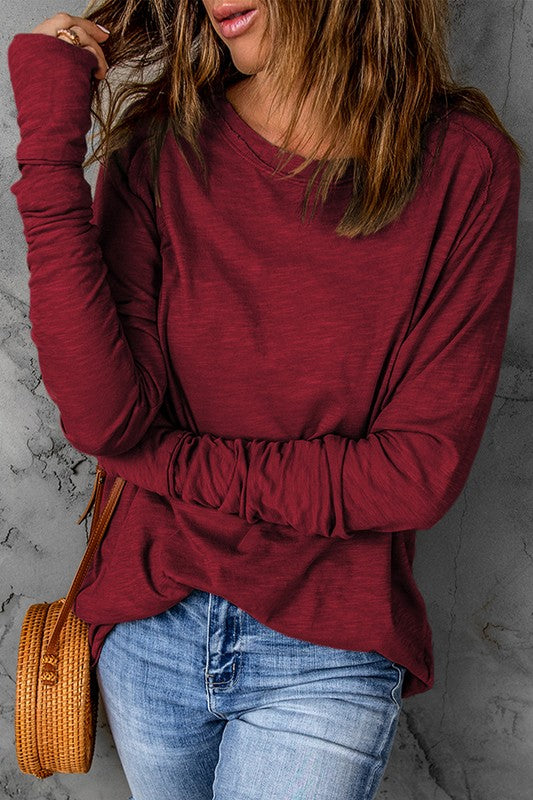 Women Fiery Red Solid Crew Neck Long Sleeve Top