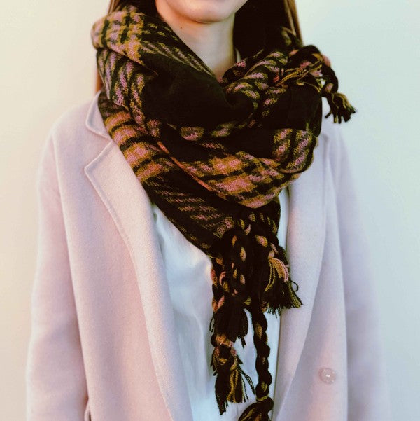 Braided Fringe Plaid Scarf