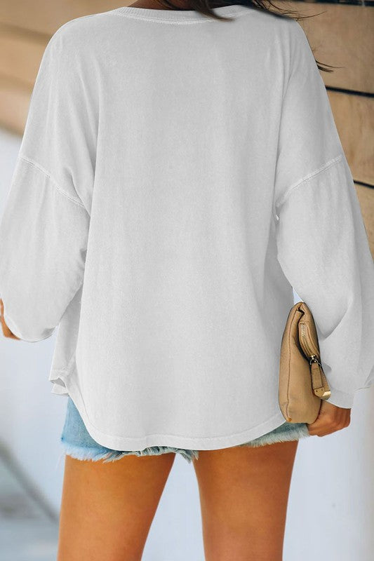 Women Buttoned V Neck Cotton Loose Fit Top