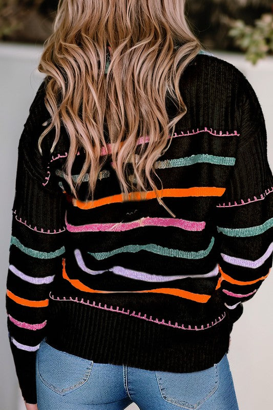 Colorful Striped Ribbed Trim Round Neck Sweater