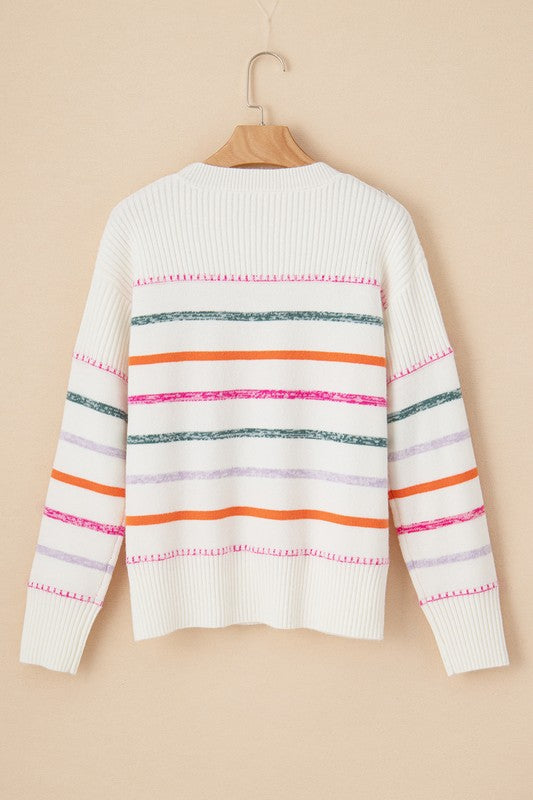 Colorful Striped Ribbed Trim Round Neck Sweater