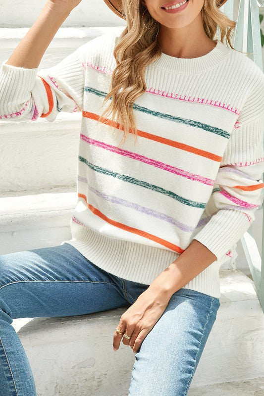 Colorful Striped Ribbed Trim Round Neck Sweater