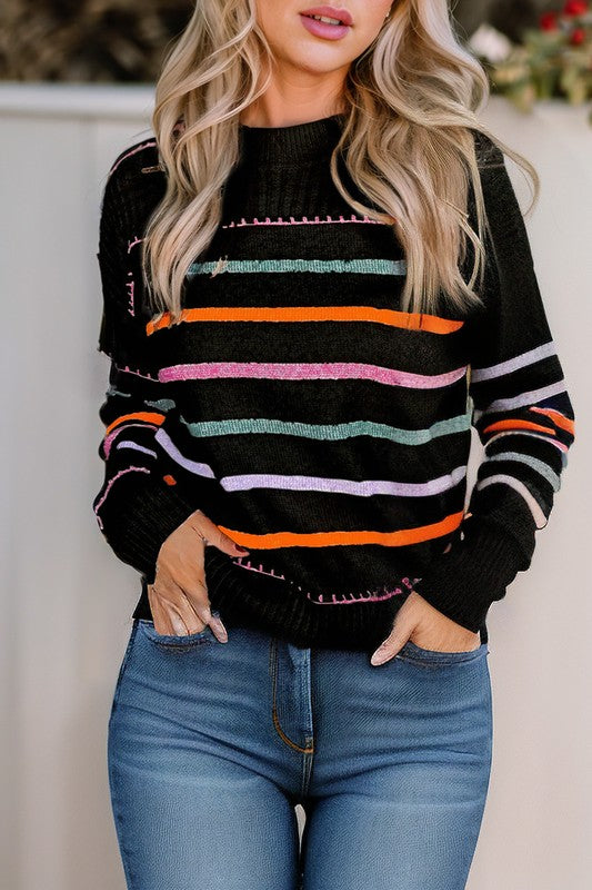 Colorful Striped Ribbed Trim Round Neck Sweater