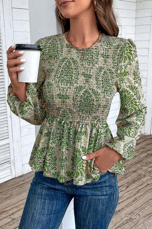 Ethnic Print Balloon Sleeve Smocked Peplum Blouse