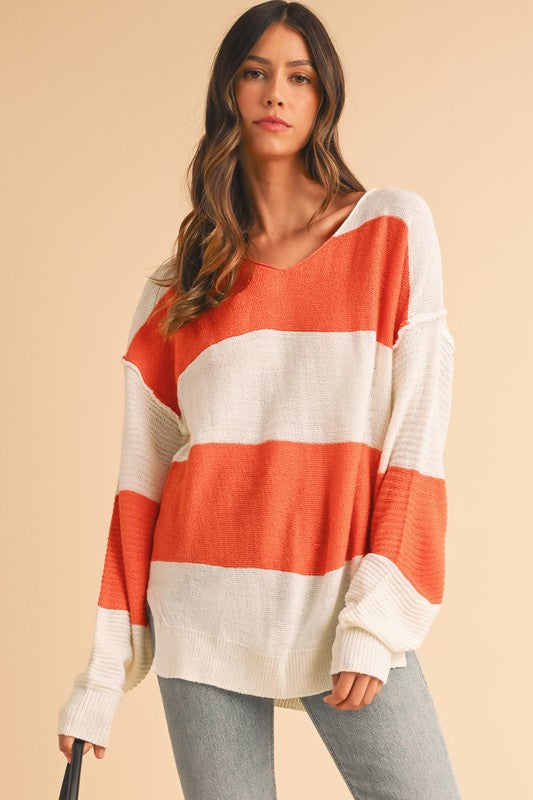 Colorblock V Neck Side Slits Sweater