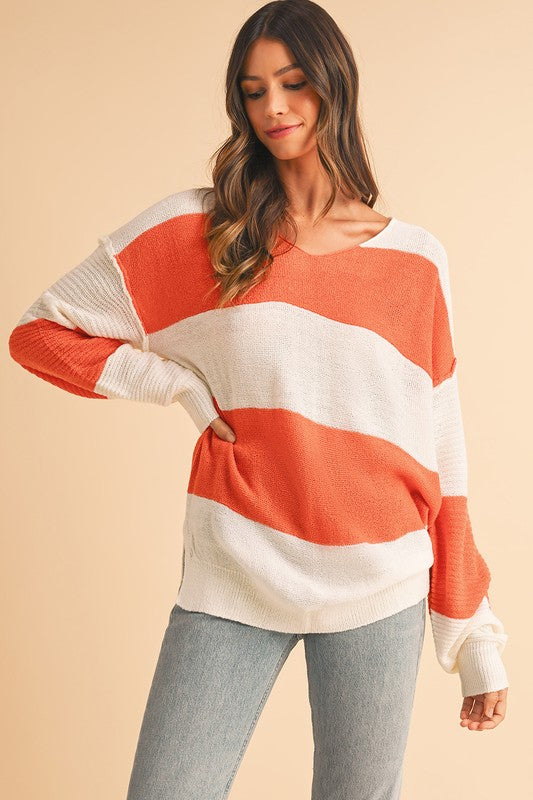 Colorblock V Neck Side Slits Sweater