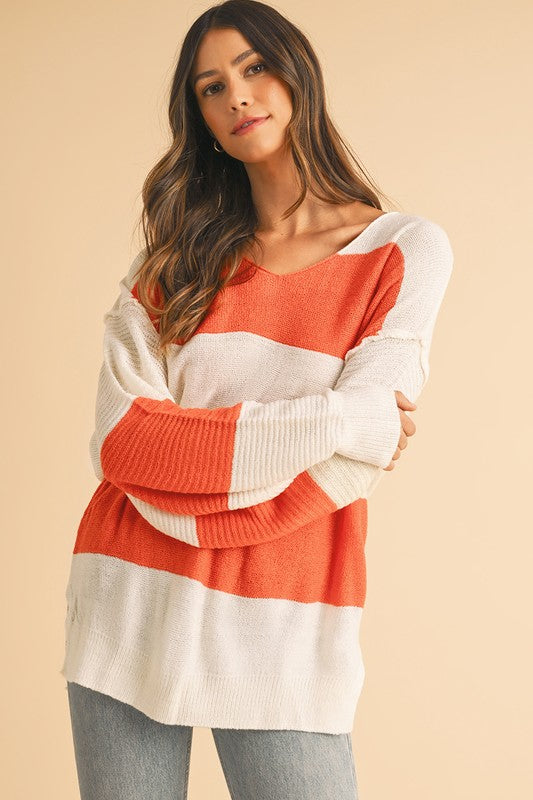 Colorblock V Neck Side Slits Sweater