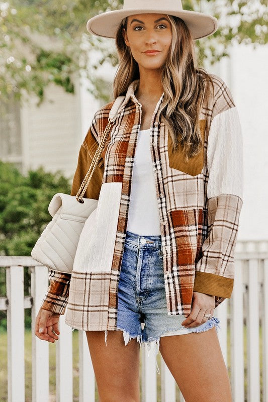 Plaid Color Block Patchwork Pocket Shirt Shacket