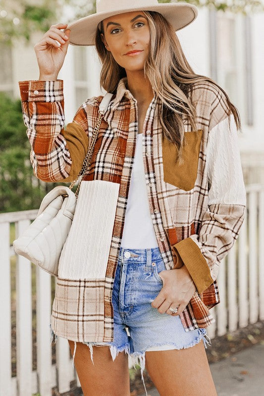 Plaid Color Block Patchwork Pocket Shirt Shacket