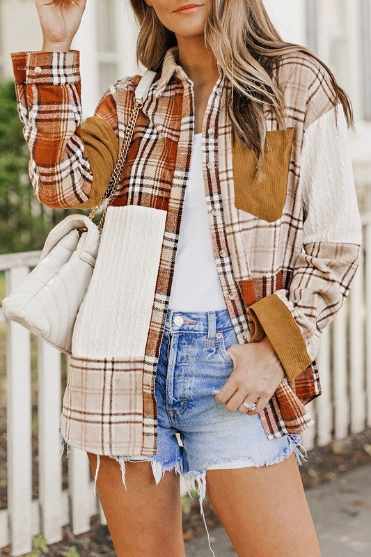 Plaid Color Block Patchwork Pocket Shirt Shacket