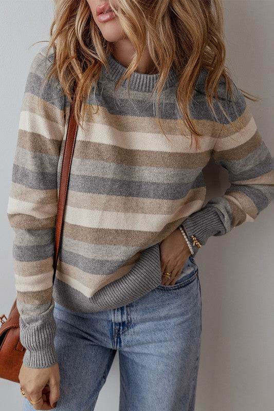 Stripe Color Block Ribbed Edge Round Neck Sweater