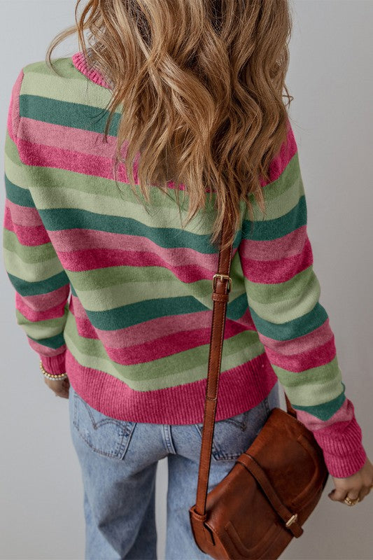 Stripe Color Block Ribbed Edge Round Neck Sweater