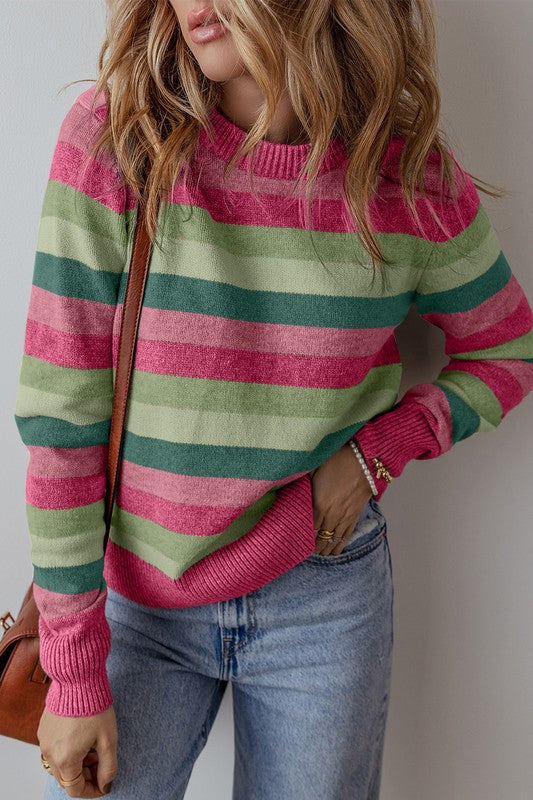 Stripe Color Block Ribbed Edge Round Neck Sweater