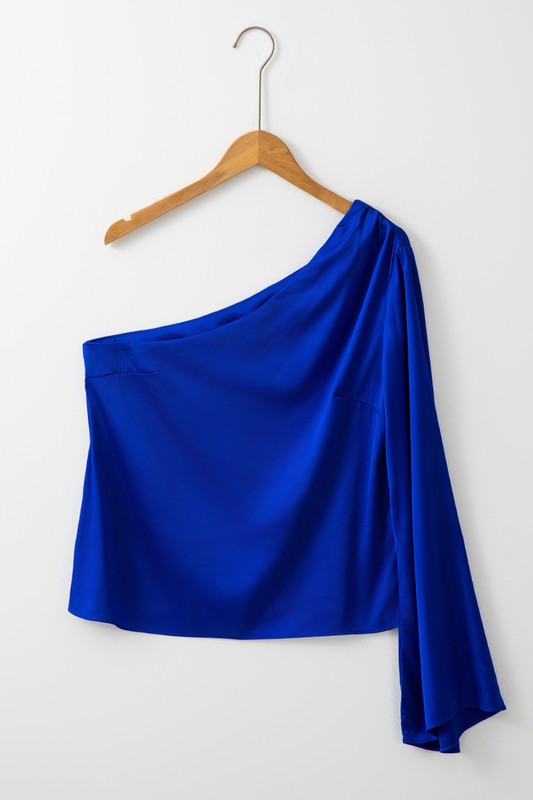 Asymmetric One Shoulder Bell Sleeve Satin Blouse