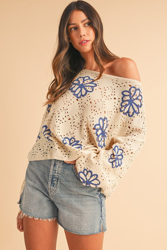 Flower Print Drop Shoulder Hollow Knit Sweater