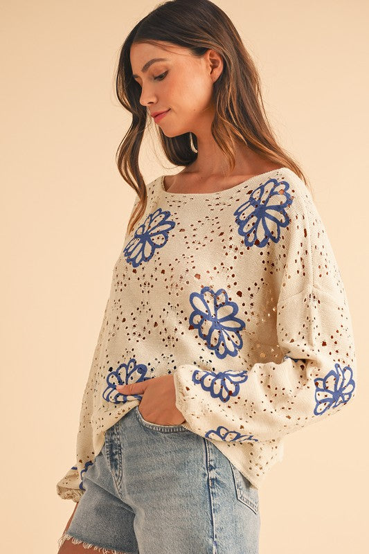 Flower Print Drop Shoulder Hollow Knit Sweater