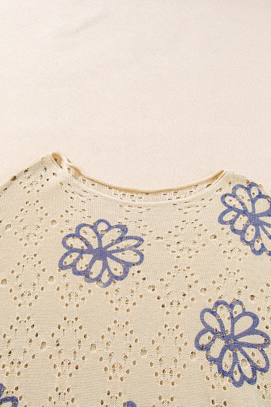 Flower Print Drop Shoulder Hollow Knit Sweater