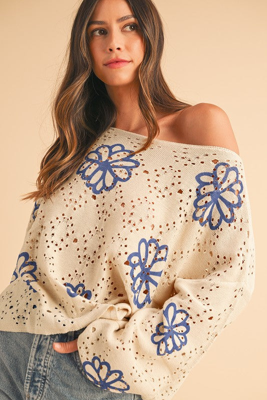 Flower Print Drop Shoulder Hollow Knit Sweater