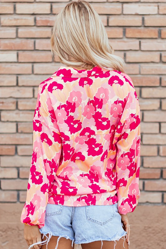 Women Floral Print Puff Sleeve Buttoned Shirt