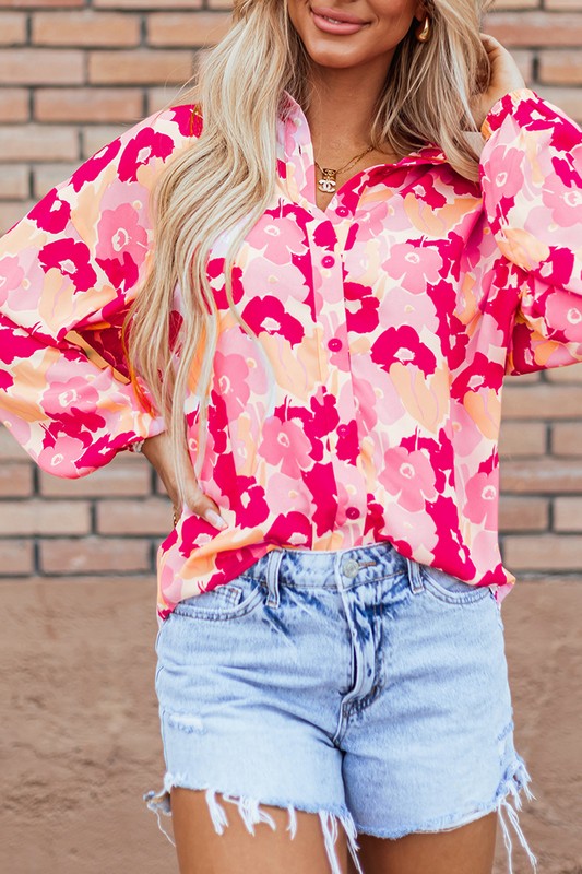 Women Floral Print Puff Sleeve Buttoned Shirt