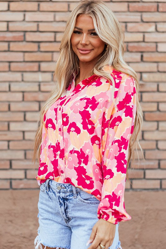 Women Floral Print Puff Sleeve Buttoned Shirt