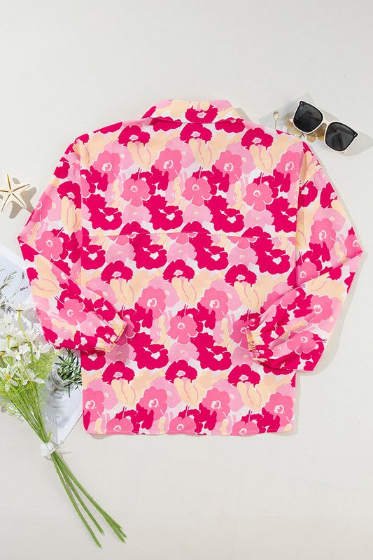 Women Floral Print Puff Sleeve Buttoned Shirt