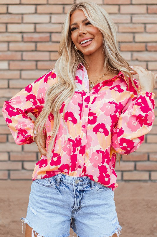 Women Floral Print Puff Sleeve Buttoned Shirt