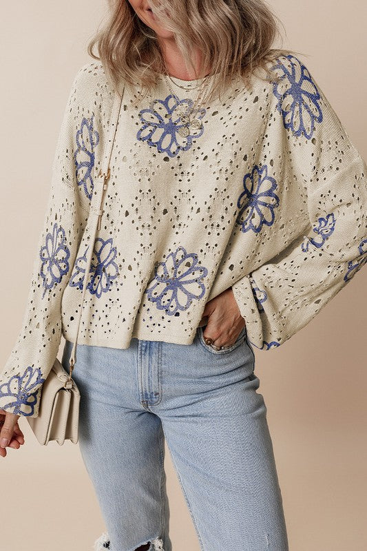 Women Flower Print Eyelet Drop Shoulder Sweater