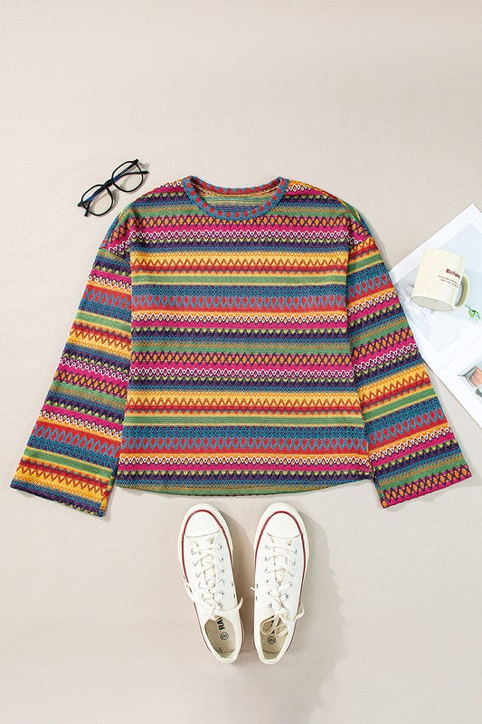 Multicolor Jacquard Geo Long Sleeve T Shirt