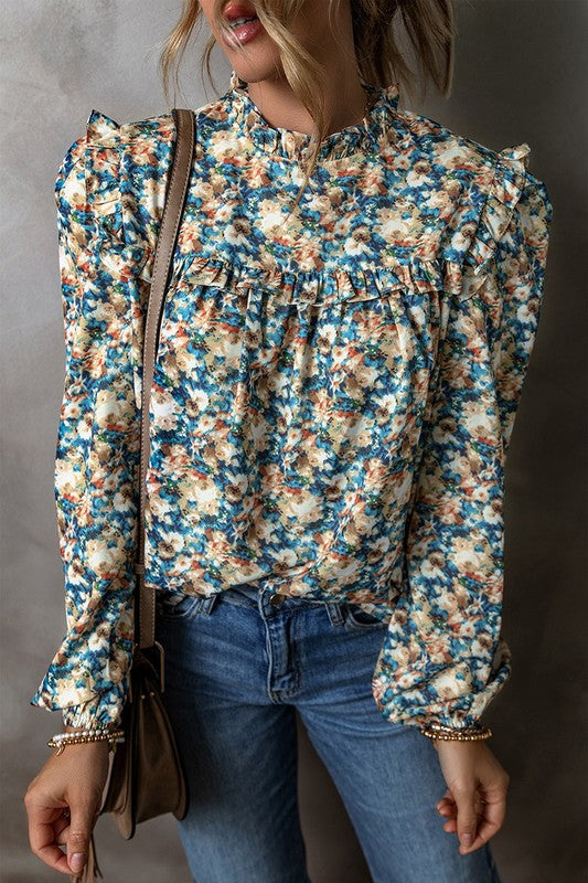 Women Floral Print Mock Neck Puff Sleeve Blouse