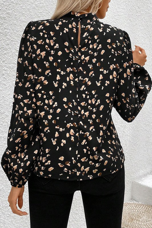 Leopard Print Puff Sleeve Mock Neck Pleated Blouse