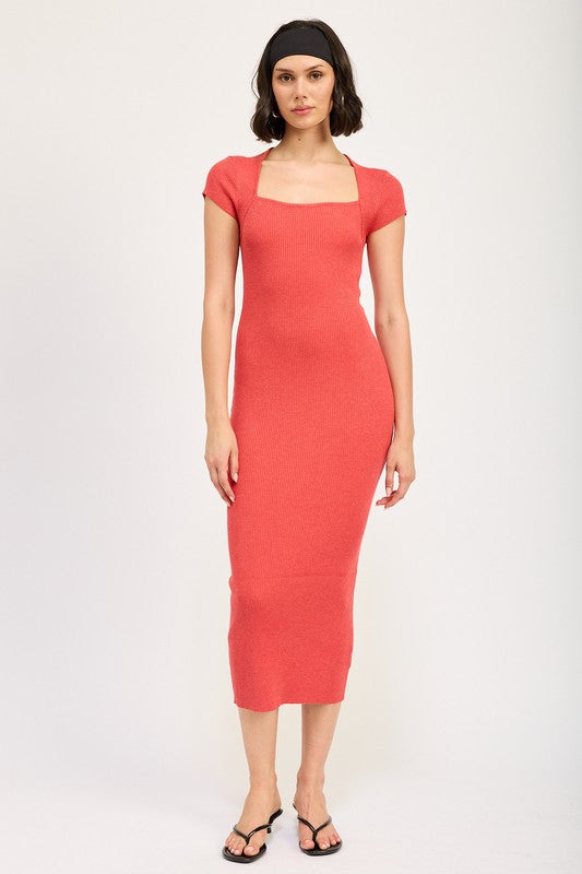 SQUARED NECK BODYCON MIDI DRESS