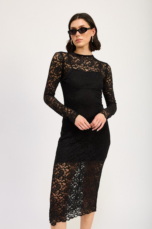 MOCK NECK MIDI LACE DRESS