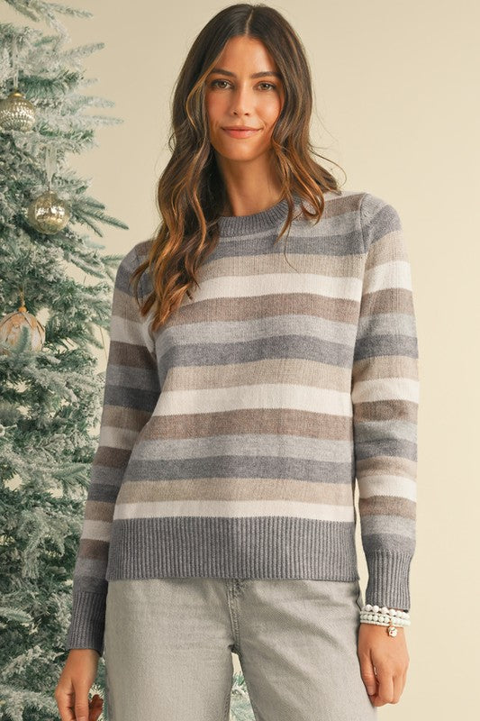 Striped Ribbed Edge Round Neck Sweater