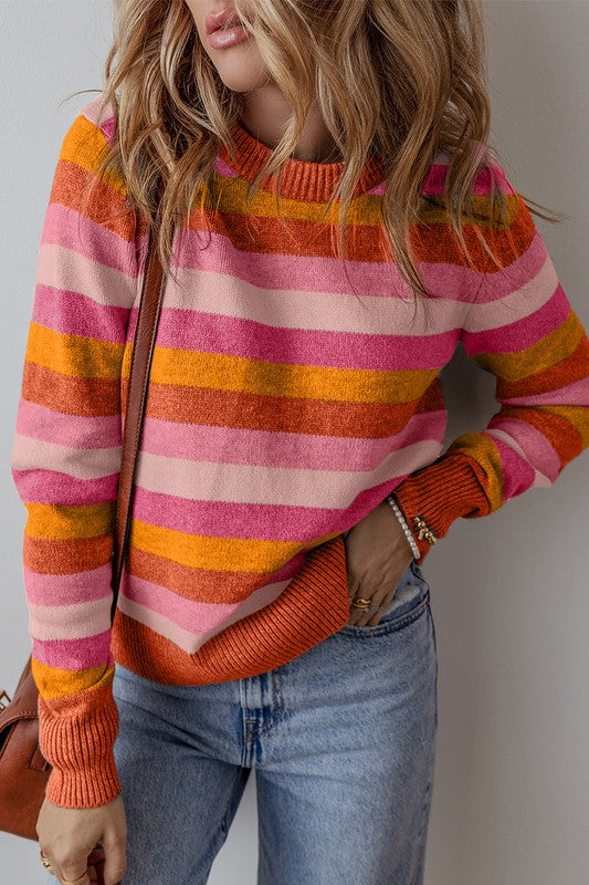 Striped Ribbed Edge Round Neck Sweater