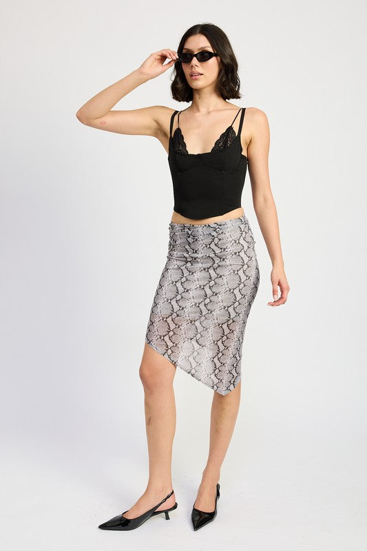 PRINTED ASYMMETRICAL MESH MIDI SKIRT