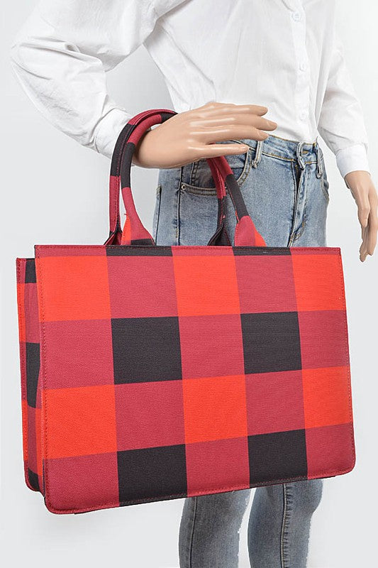 Buffalo Check Large Zipper Structure Tote