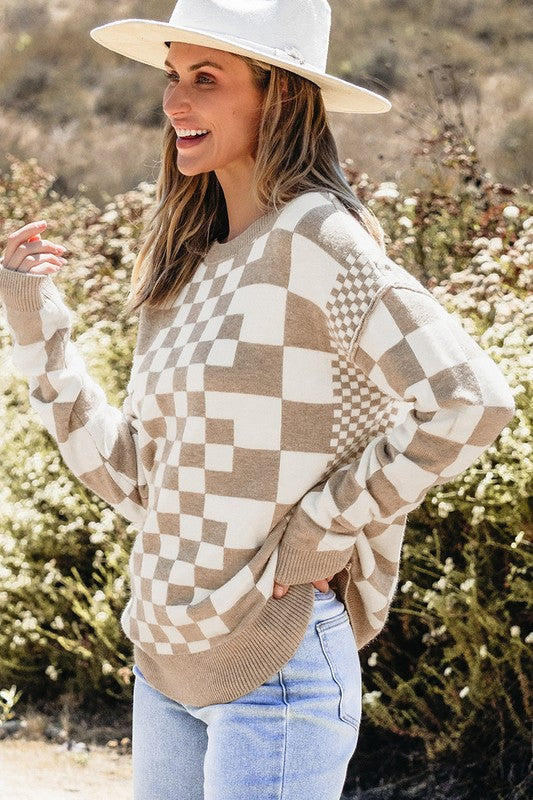 Checkered Print Drop Shoulder Round Neck Sweater