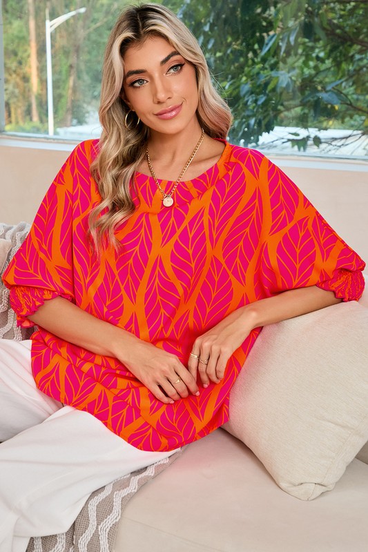 Tropical Leaf Print Smocked Cuffs Loose Blouse