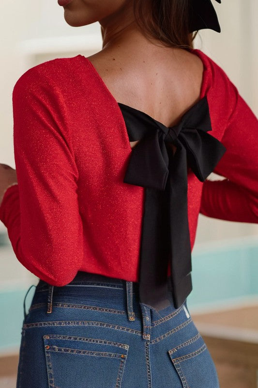 Sweet Bowknot Backless V Neck Long Sleeve Top