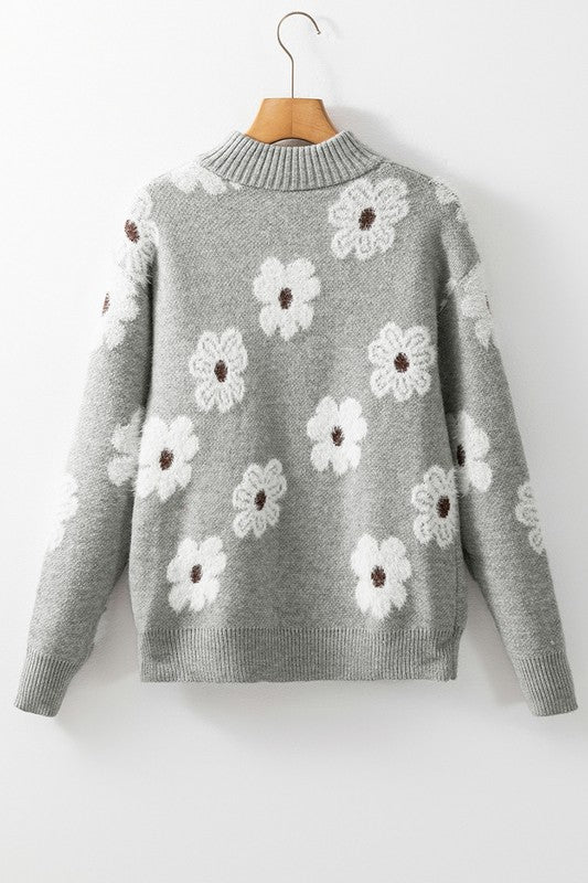 Women Floral Pattern Zip Drop Shoulder Sweater