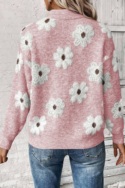 Women Floral Pattern Zip Drop Shoulder Sweater