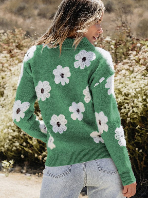 Women Floral Pattern Zip Drop Shoulder Sweater