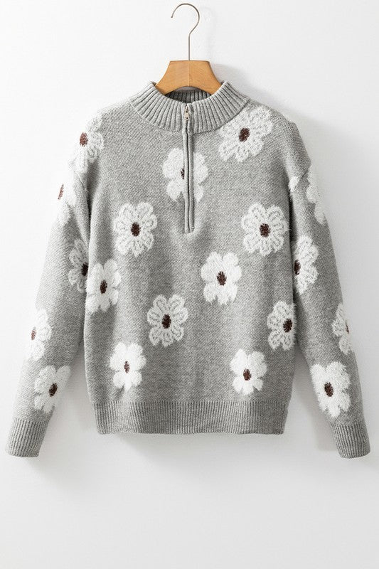 Women Floral Pattern Zip Drop Shoulder Sweater